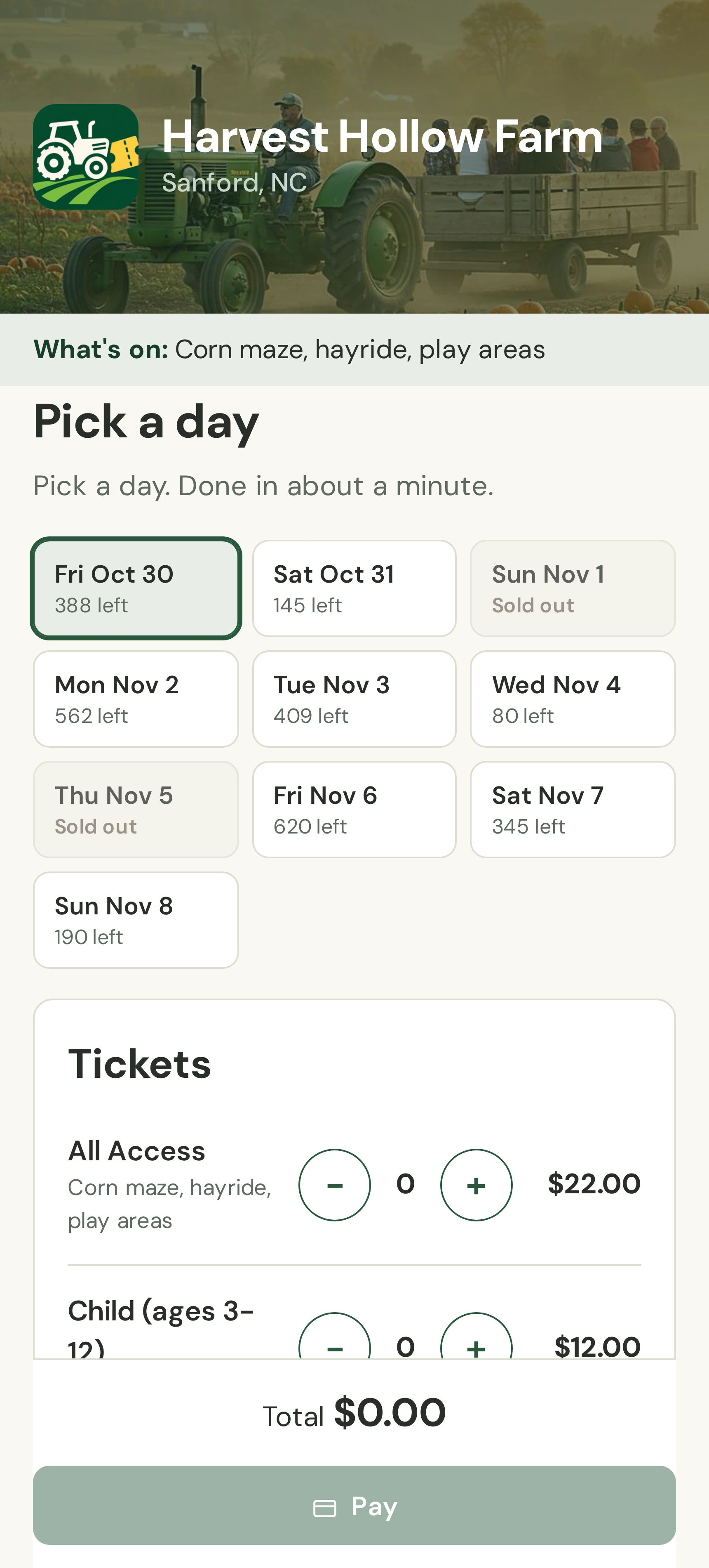 Buying tickets on a farm page