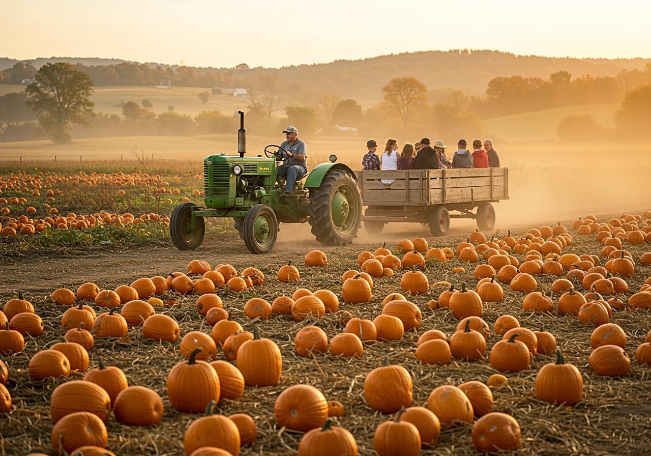 A tractor pulling a hay wagon full of visitors through a pumpkin patch at golden hour